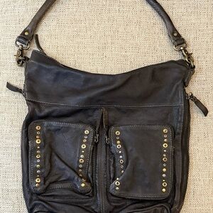 Amersterdam Heritage Distressed brown leather shoulder tote with studded detaili